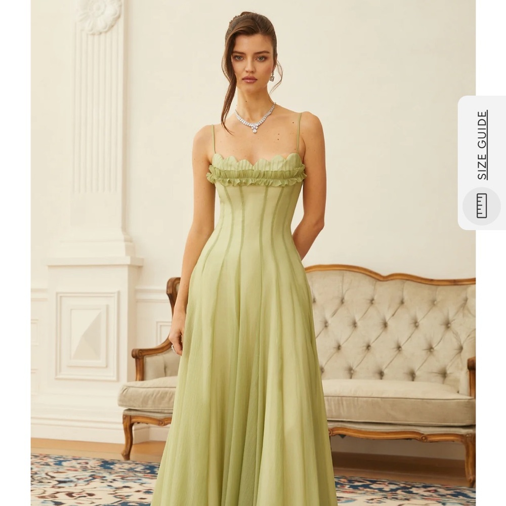 Romantic Matcha Green Ruffle Shirred Tulle Maxi Dress
